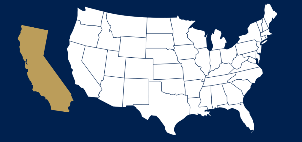 Map of the United States highlighting California for private investigation services
